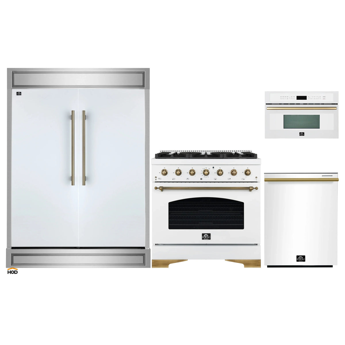 Forno 4-Piece Appliance Package - 36-Inch Dual Fuel Range, 60-Inch Refrigerator, Dishwasher, & 30-Inch Microwave Oven in White with Antique Brass Trim