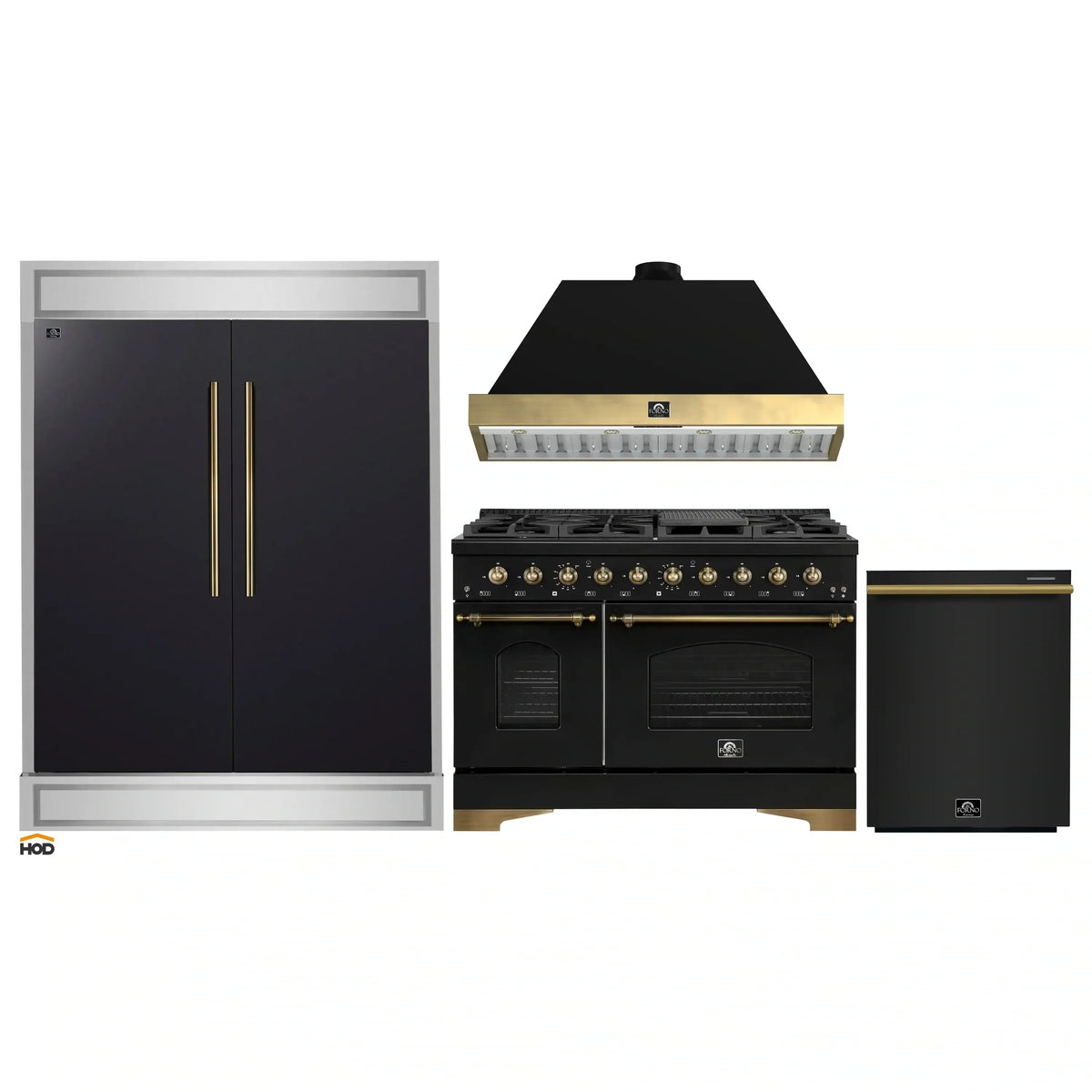 Forno 4-Piece Appliance Package - 48-Inch Dual Fuel Range, 60-Inch Convertible Refrigerator with Modern Trim, Dishwasher, in Black with Antique Brass Trim