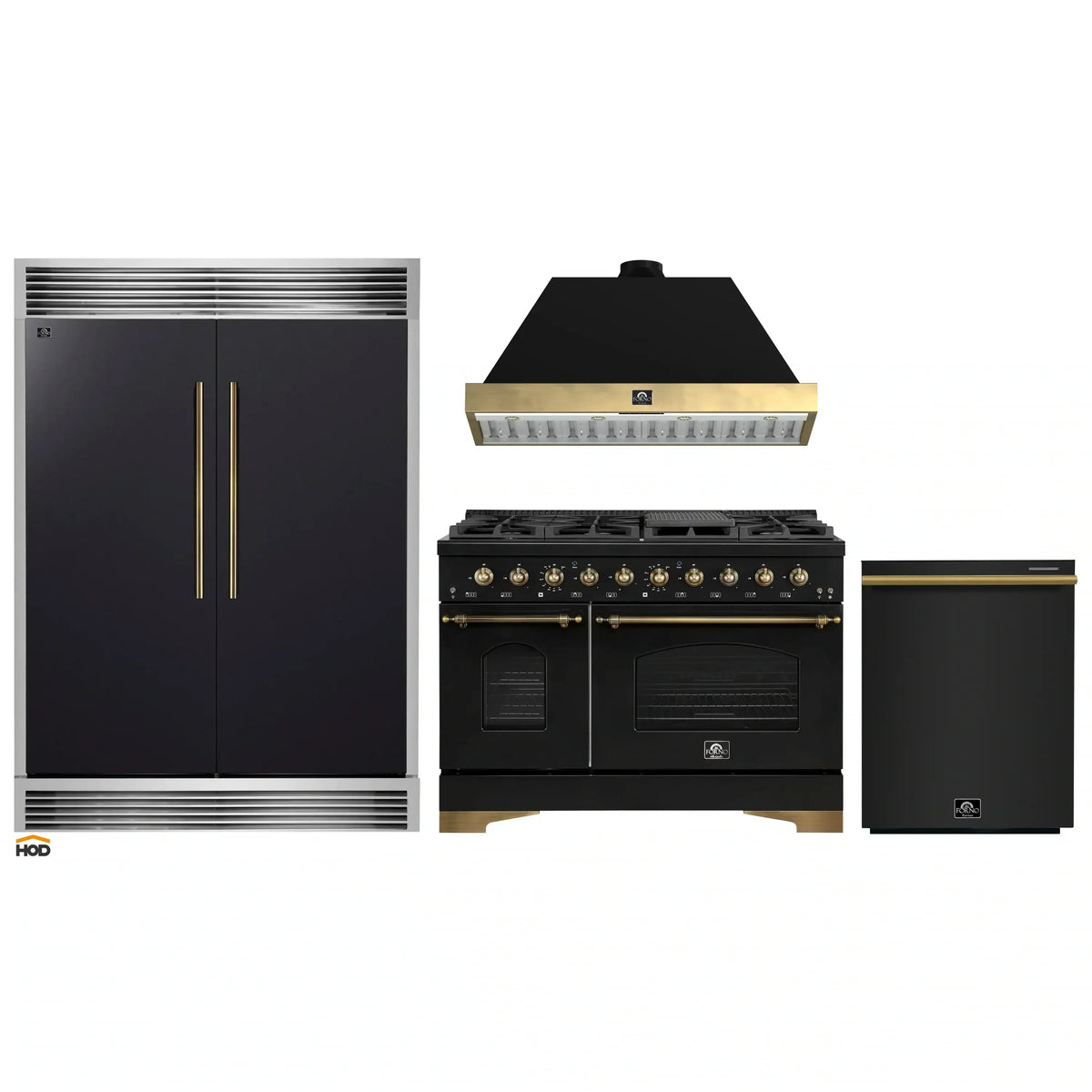 Forno 4-Piece Appliance Package - 48-Inch Dual Fuel Range, 60-Inch Convertible Refrigerator with Modern Grille Trim, Dishwasher, in Black with Antique Brass Trim