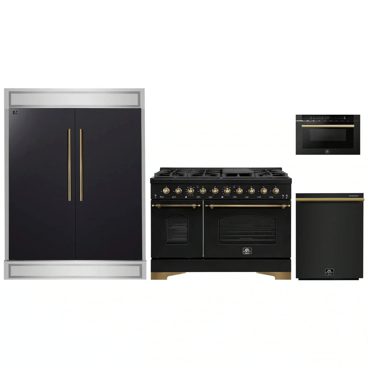 Forno 4-Piece Appliance Package: 48" Antico Dual Fuel Range, 24" Microwave Drawer, 60" Modern Trim Refrigerator, Dishwasher, Black with Brass Trim