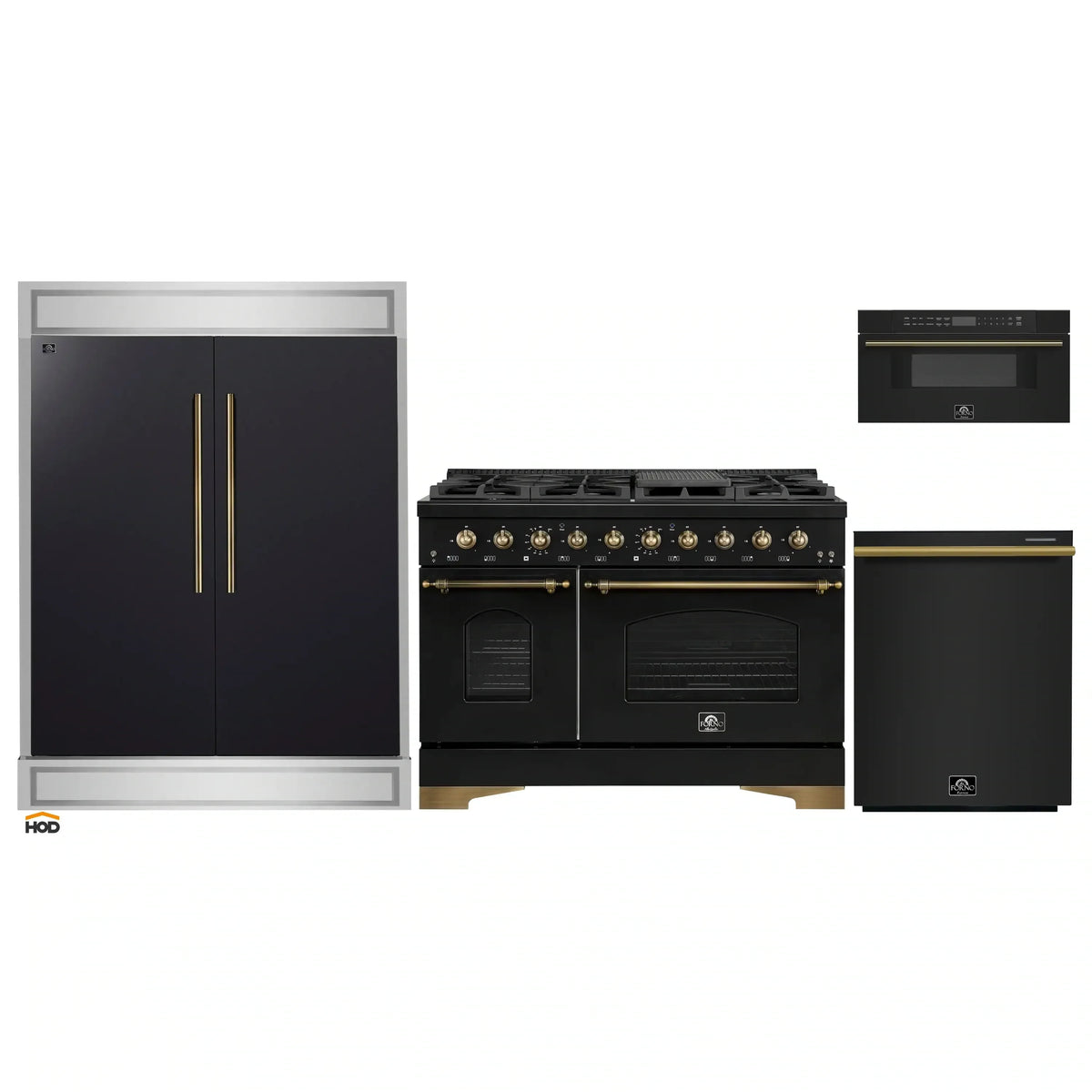 Forno 4-Piece Appliance Package - 48-Inch Dual Fuel Range, 60-Inch Convertible Refrigerator with Modern Trim, Dishwasher, and 30-Inch Microwave Drawer in Black with Antique Brass Trim