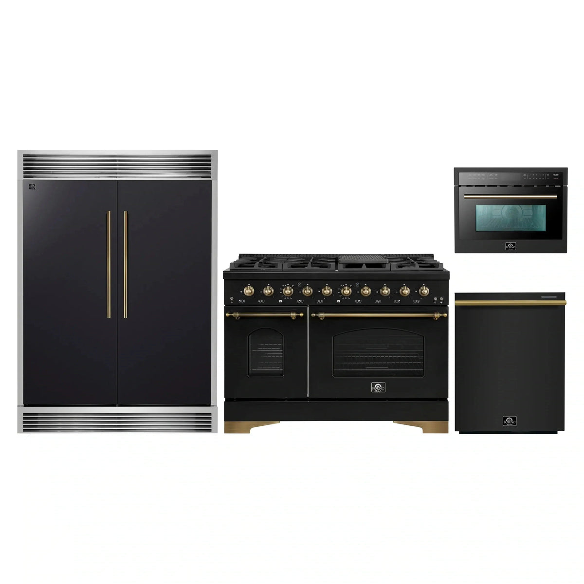 Forno 4-Piece Appliance Package: 48" Dual Fuel Range, 24" Microwave Oven, 60" Grille Trim Refrigerator, Dishwasher, Black with Antique Brass Trim