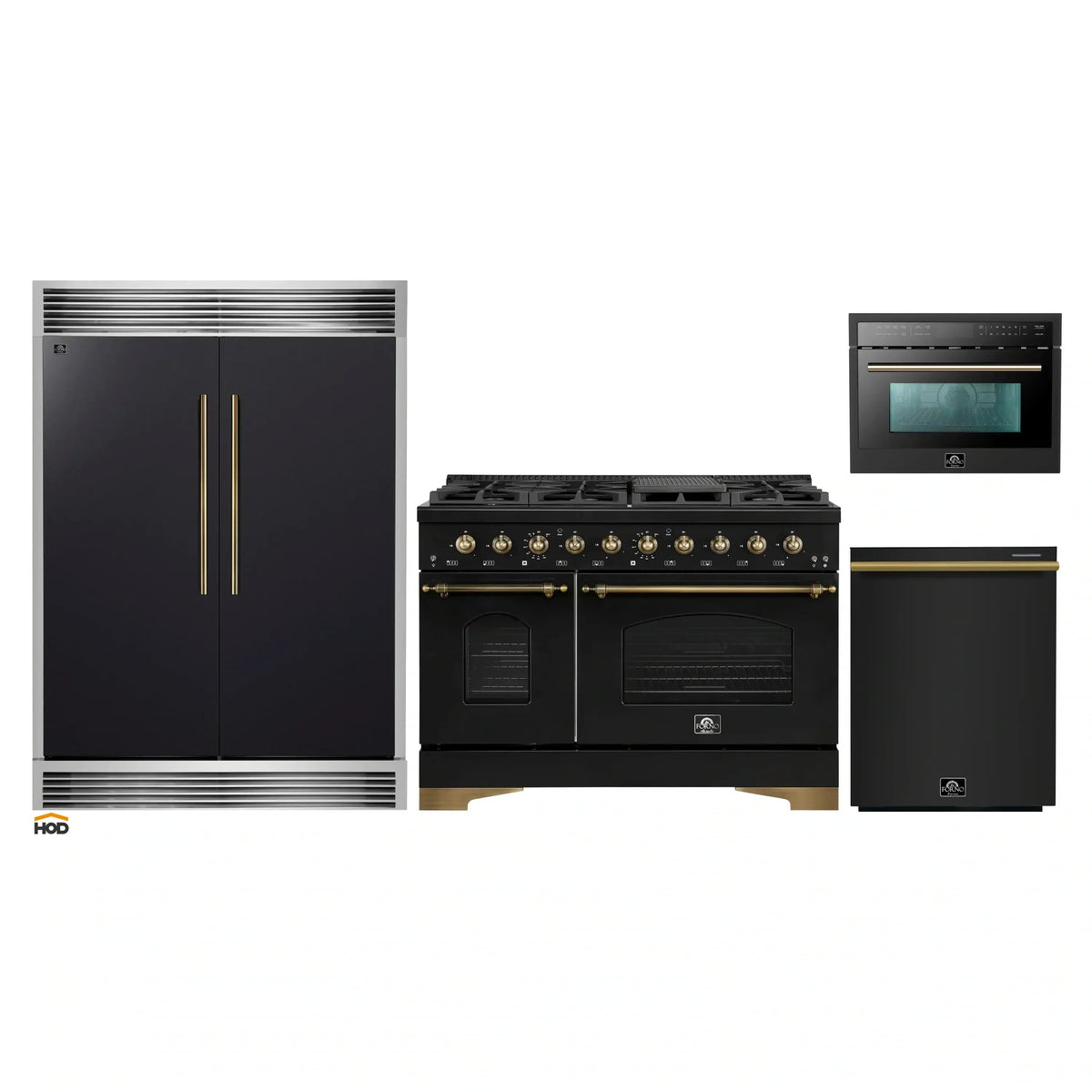 Forno 4-Piece Appliance Package - 48-Inch Dual Fuel Range, 60-Inch Convertible Refrigerator with Modern Grille Trim, Dishwasher, and 24-Inch Microwave Oven in Black with Antique Brass Trim