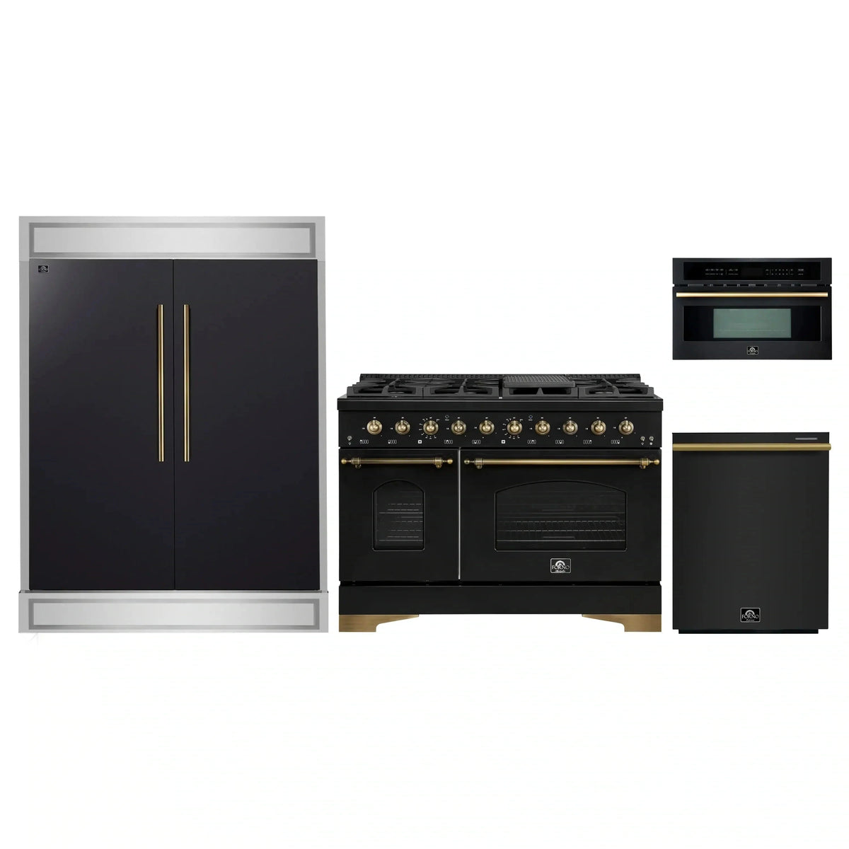 Forno 4-Piece Appliance Package: 48" Antico Dual Fuel Range, 30" Microwave Oven, 60" Modern Trim Refrigerator, Dishwasher, Black with Brass Trim
