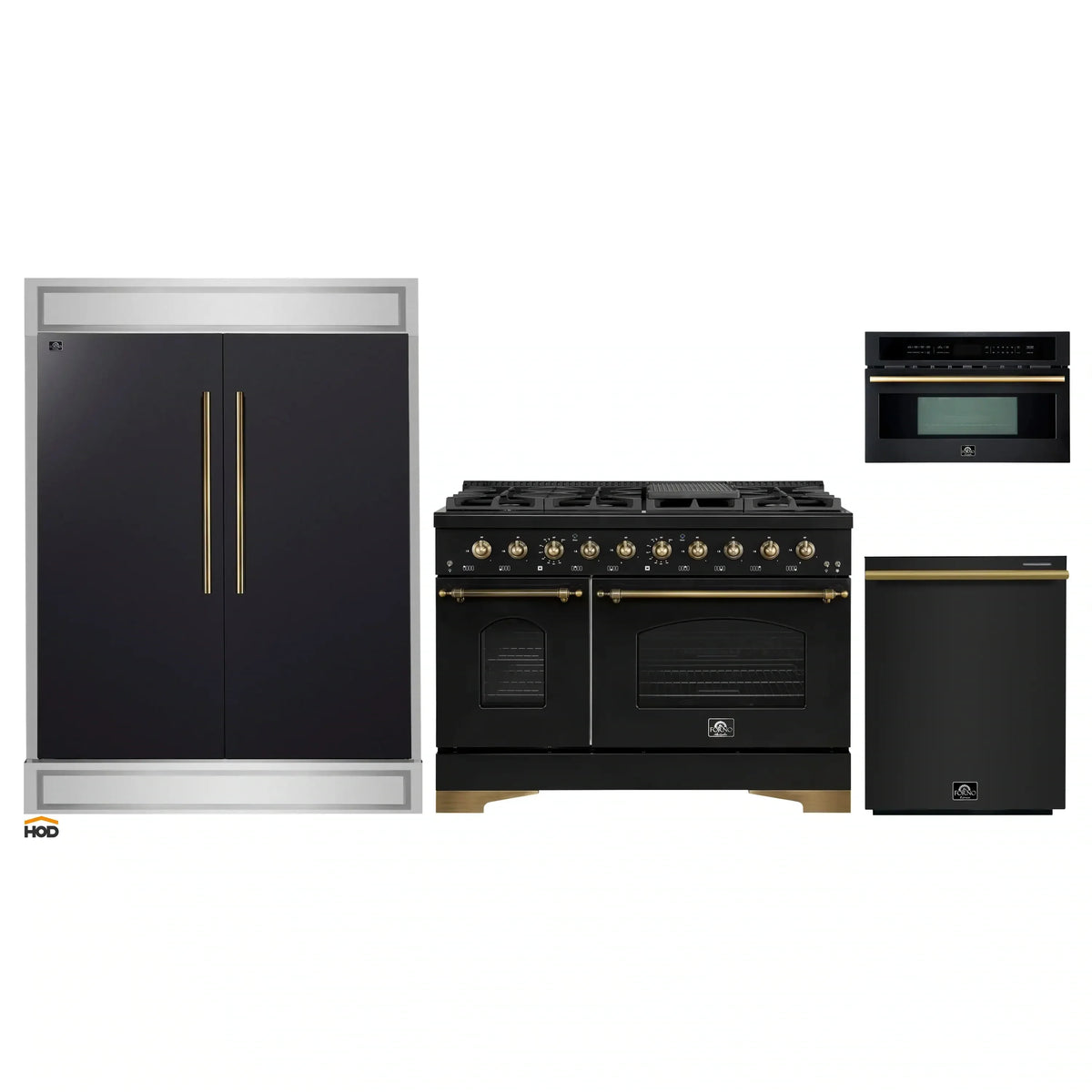Forno 4-Piece Appliance Package - 48-Inch Dual Fuel Range, 60-Inch Convertible Refrigerator with Modern Trim, Dishwasher, and 30-Inch Microwave Oven in Black with Antique Brass Trim