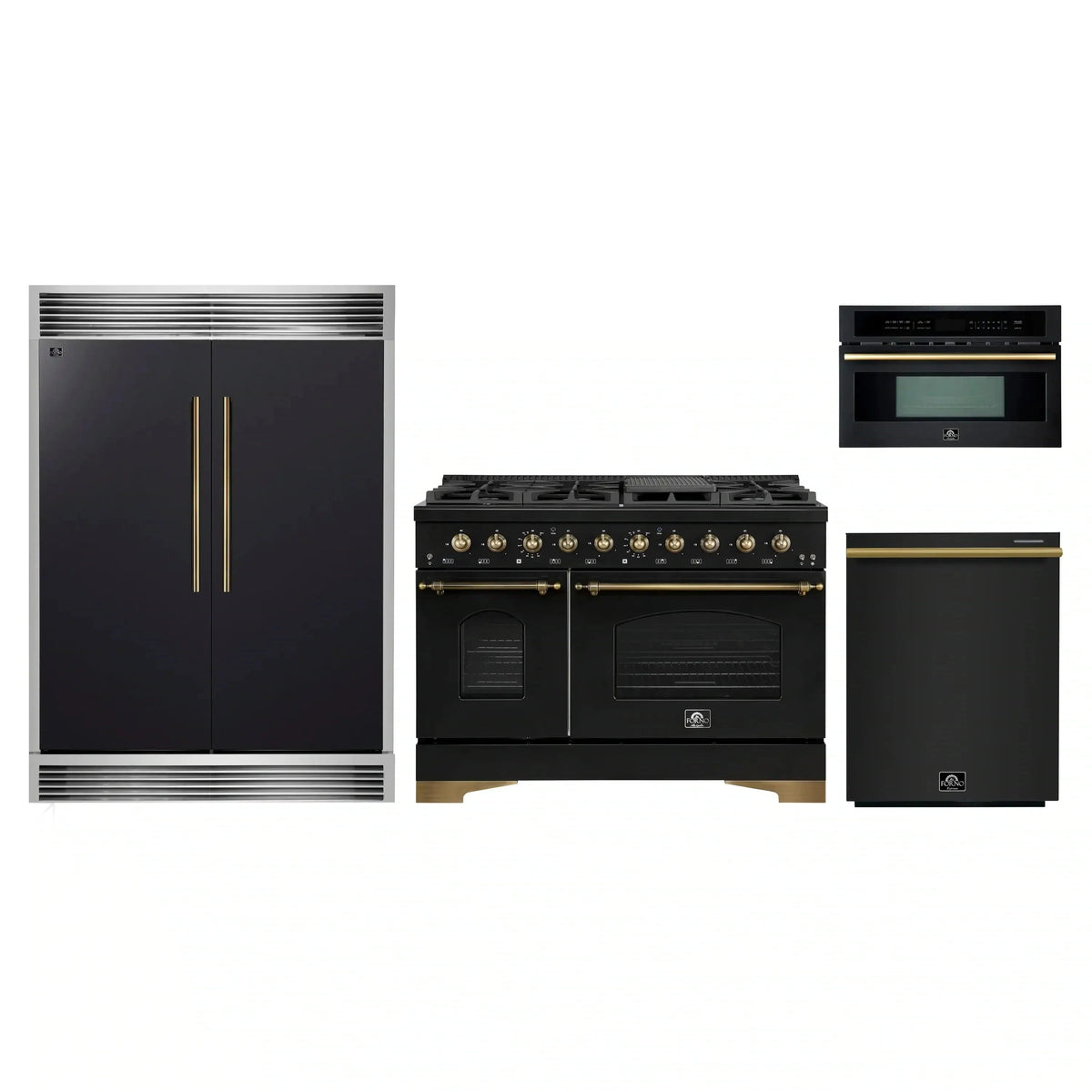 Forno 4-Piece Appliance Package: 48" Dual Fuel Range, 30" Microwave Oven, 60" Grille Trim Refrigerator, Dishwasher, Black with Antique Brass Trim
