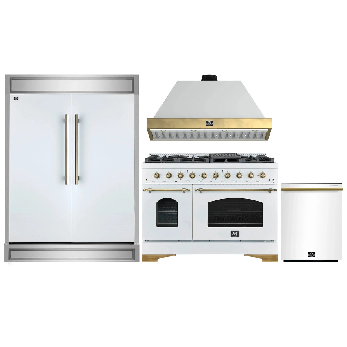 Forno 4-Piece Appliance Package: 48" Antico Dual Fuel Range, Wall-Mount Range Hood, 60" Refrigerator, Dishwasher, White with Antique Brass Trim