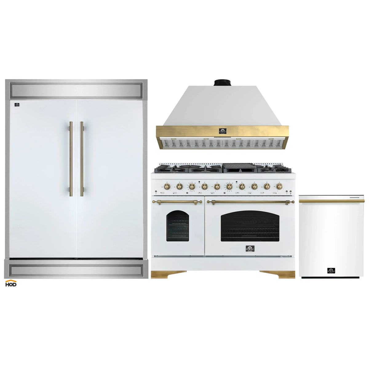 Forno 4-Piece Appliance Package - 48-Inch Dual Fuel Range, Wall Mount Range Hood, 60-Inch Refrigerator, Dishwasher in White with Antique Brass Trim