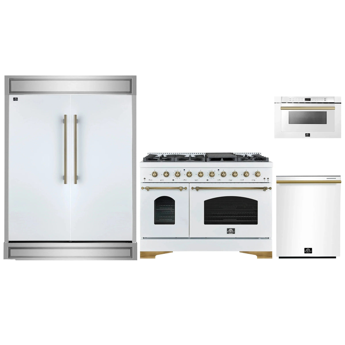 Forno 4-Piece Appliance Package: 48" Antico Dual Fuel Range, 24" Microwave Drawer, 60" Refrigerator, Dishwasher, White with Antique Brass Trim