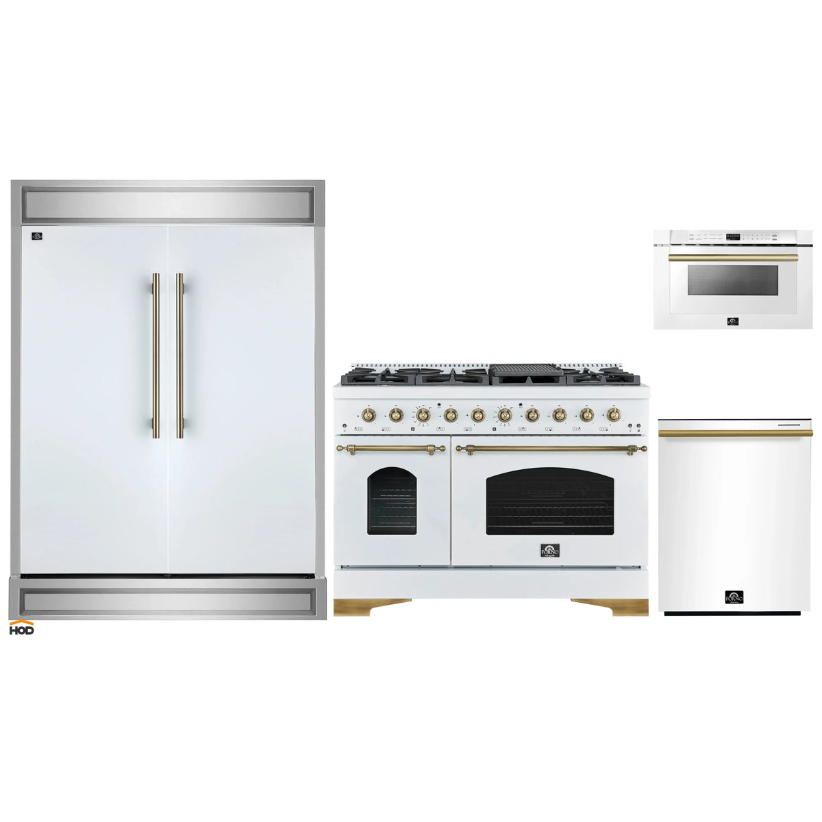 Forno 4-Piece Appliance Package - 48-Inch Dual Fuel Range, 60-Inch Refrigerator, Dishwasher, & 24-Inch Microwave Drawer in White with Antique Brass Trim