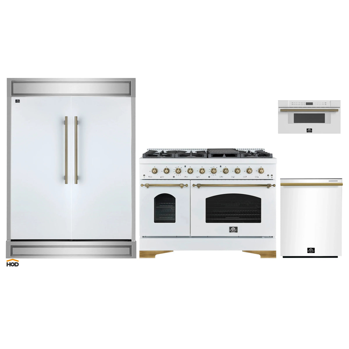 Forno 4-Piece Appliance Package - 48-Inch Dual Fuel Range, 60-Inch Refrigerator, Dishwasher, & 30-Inch Microwave Drawer in White with Antique Brass Trim