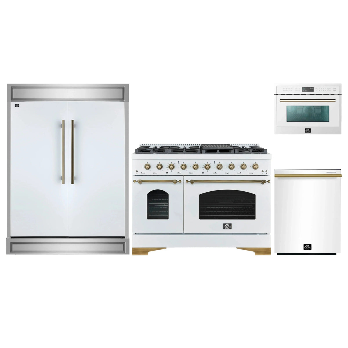 Forno 4-Piece Appliance Package: 48" Antico Dual Fuel Range, 24" Microwave Oven, 60" Refrigerator, Dishwasher, White with Antique Brass Trim