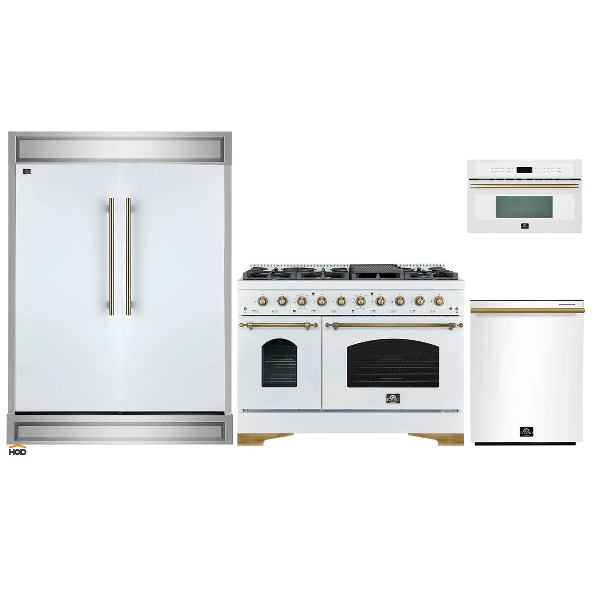 Forno 4-Piece Appliance Package - 48-Inch Dual Fuel Range, 60-Inch Refrigerator, Dishwasher, & 30-Inch Microwave Oven in White with Antique Brass Trim
