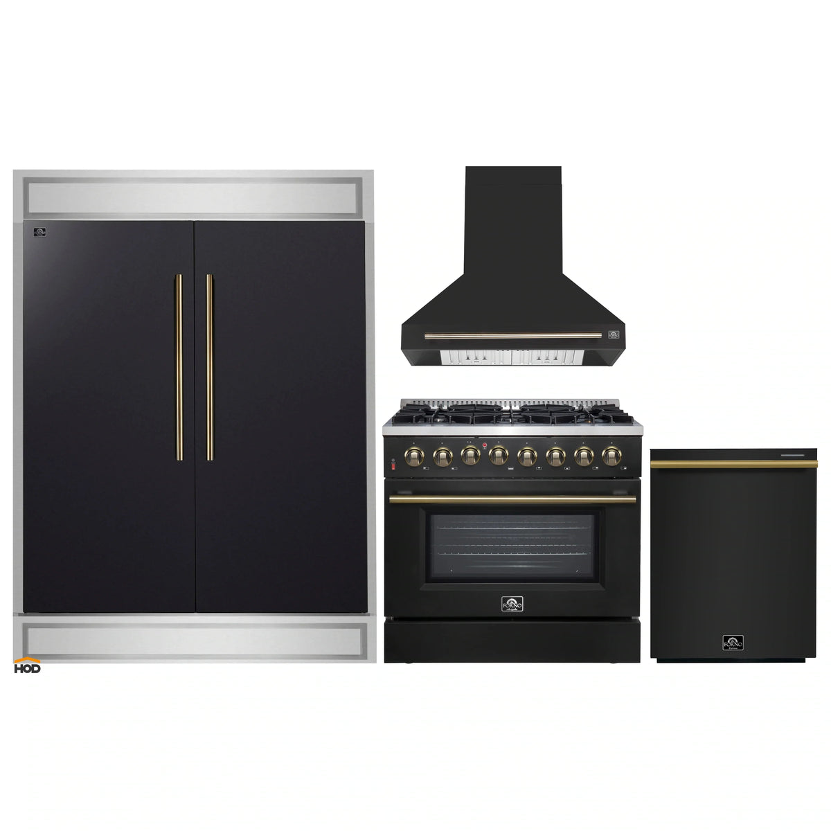 Forno 4-Piece Appliance Package - 36-Inch Dual Fuel Range, Wall Mount Range Hood, 60-Inch Built-In Convertible Refrigerator, and Dishwasher in Black with Antique Brass Trim