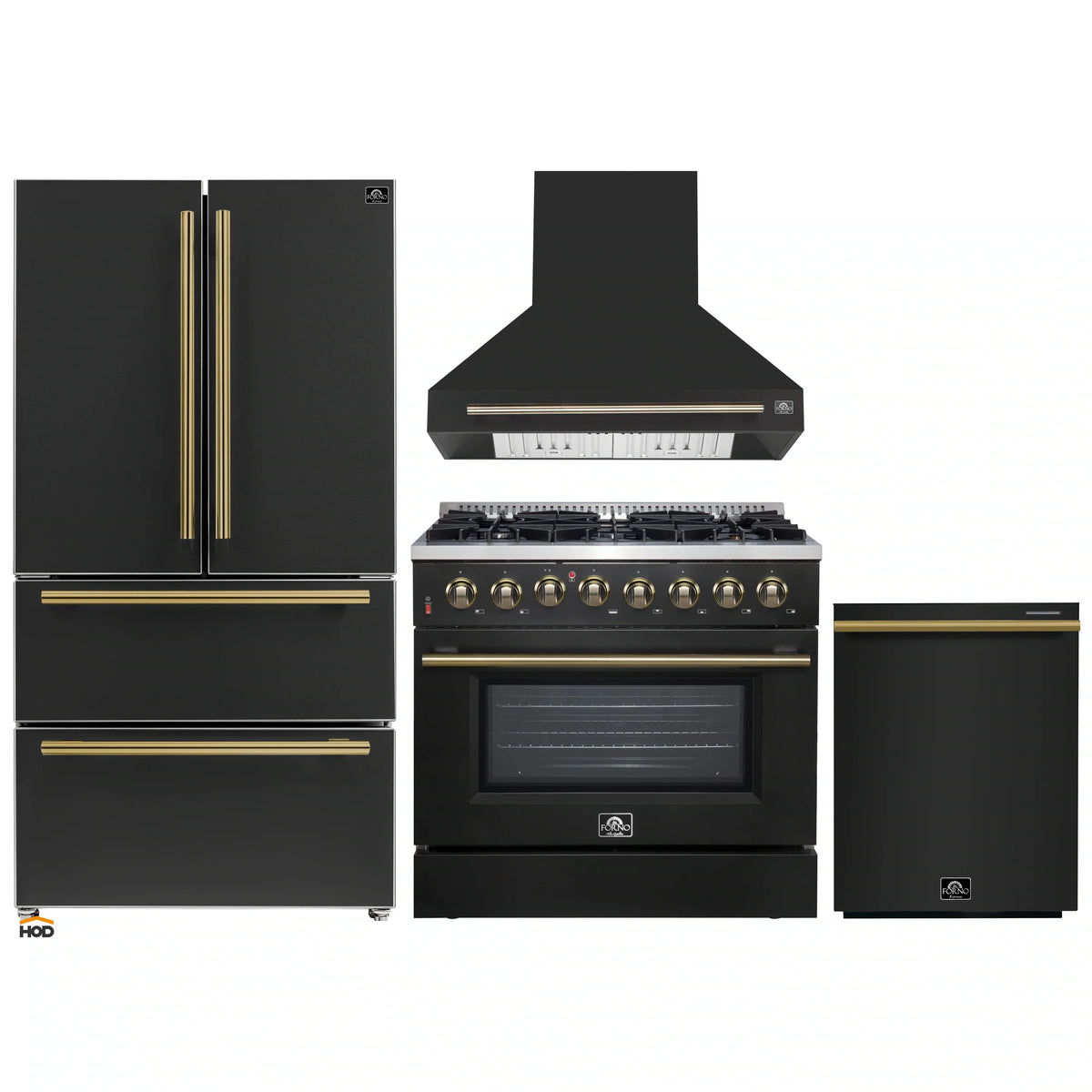 Forno 4-Piece Appliance Package - 36-Inch Dual Fuel Range, Wall Mount Range Hood, 36-Inch French Door Refrigerator, and Dishwasher in Black with Antique Brass Trim