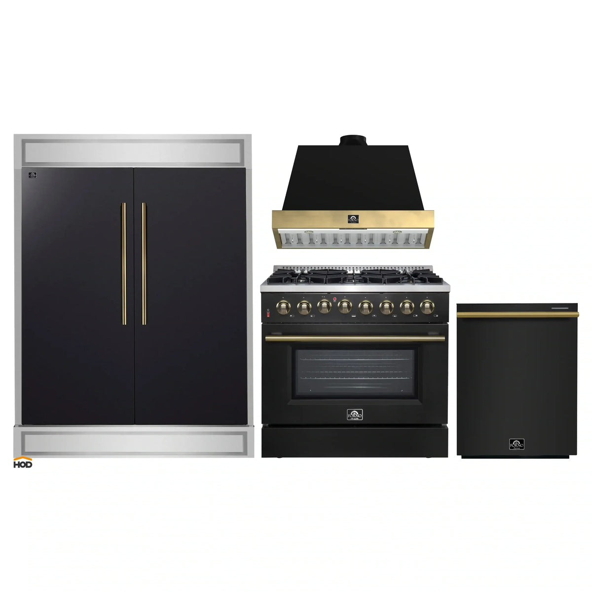 Forno 4-Piece Appliance Package - 36-Inch Dual Fuel Range, Wall Mount Range Hood, 60-Inch Convertible Refrigerator with Modern Trim, and Dishwasher in Black with Antique Brass Trim