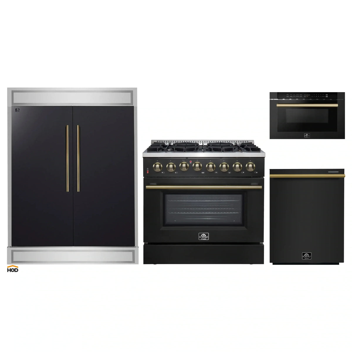 Forno 4-Piece Appliance Package - 36-Inch Dual Fuel Range, 60-Inch Convertible Refrigerator with Modern Trim, Dishwasher, and 24-Inch Microwave Drawer in Black with Antique Brass Trim