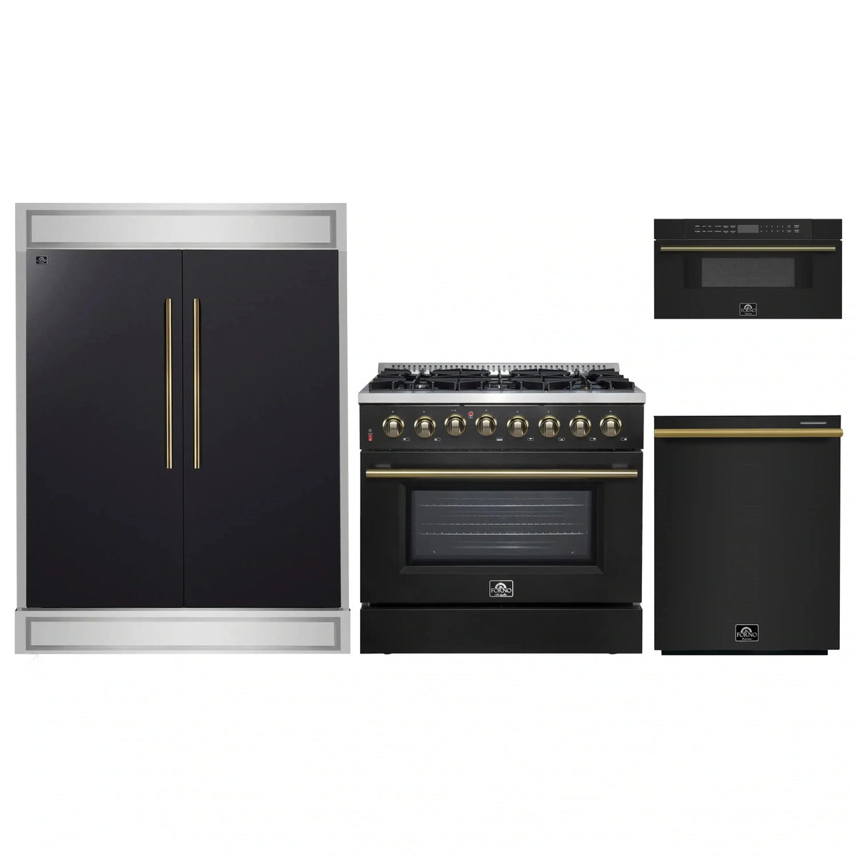 Forno 4-Piece Appliance Package: 36" Galiano Dual Fuel Range, 30" Microwave Drawer, 60" Modern Trim Refrigerator, Dishwasher, Black with Brass Trim