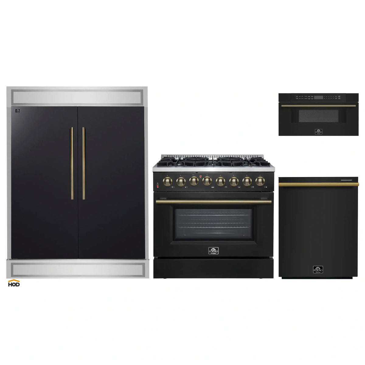 Forno 4-Piece Appliance Package - 36-Inch Dual Fuel Range, 60-Inch Convertible Refrigerator with Modern Trim, Dishwasher, and 30-Inch Microwave Drawer in Black with Antique Brass Trim