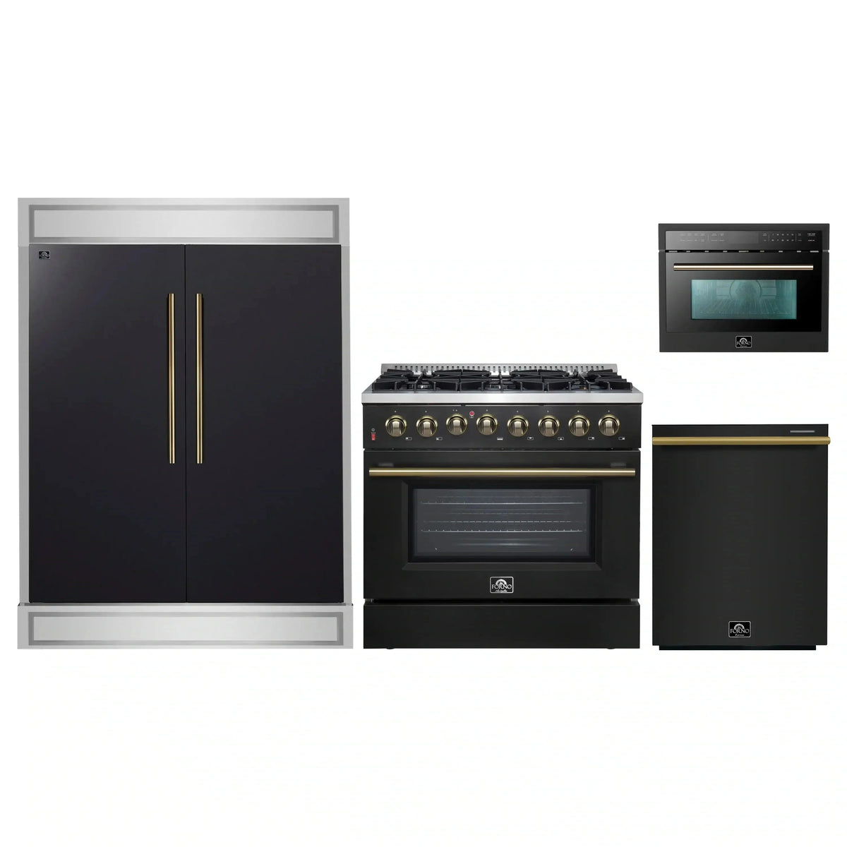 Forno 4-Piece Appliance Package: 36" Galiano Dual Fuel Range, 24" Microwave Oven, 60" Modern Trim Refrigerator, Dishwasher, Black with Brass Trim