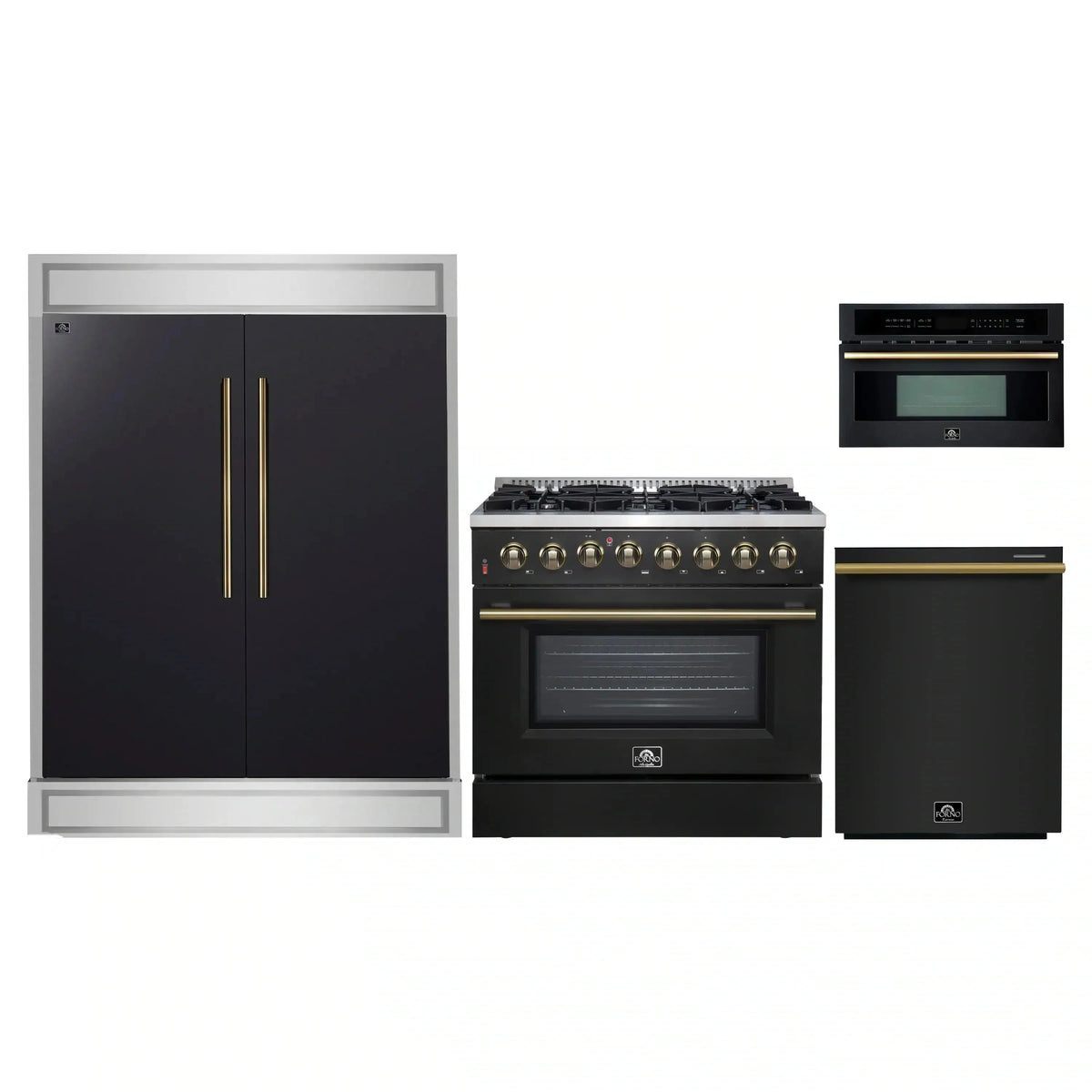 Forno 4-Piece Appliance Package: 36" Galiano Dual Fuel Range, 30" Microwave Oven, 60" Modern Trim Refrigerator, Dishwasher, Black with Brass Trim