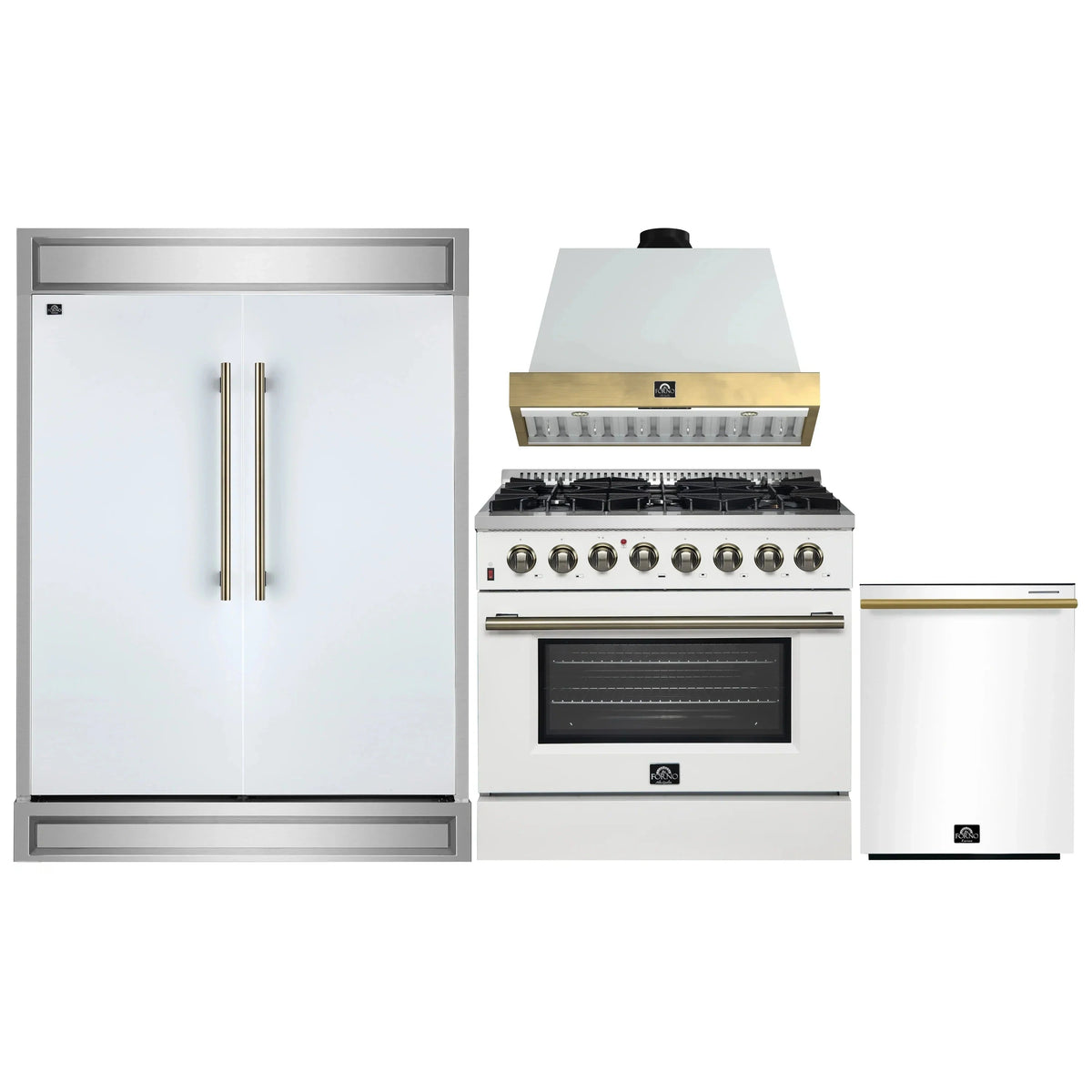 Forno 4-Piece Appliance Package: 36" Galiano Dual Fuel Range, Wall-Mount Range Hood, 60" Refrigerator, Dishwasher, White with Antique Brass Trim