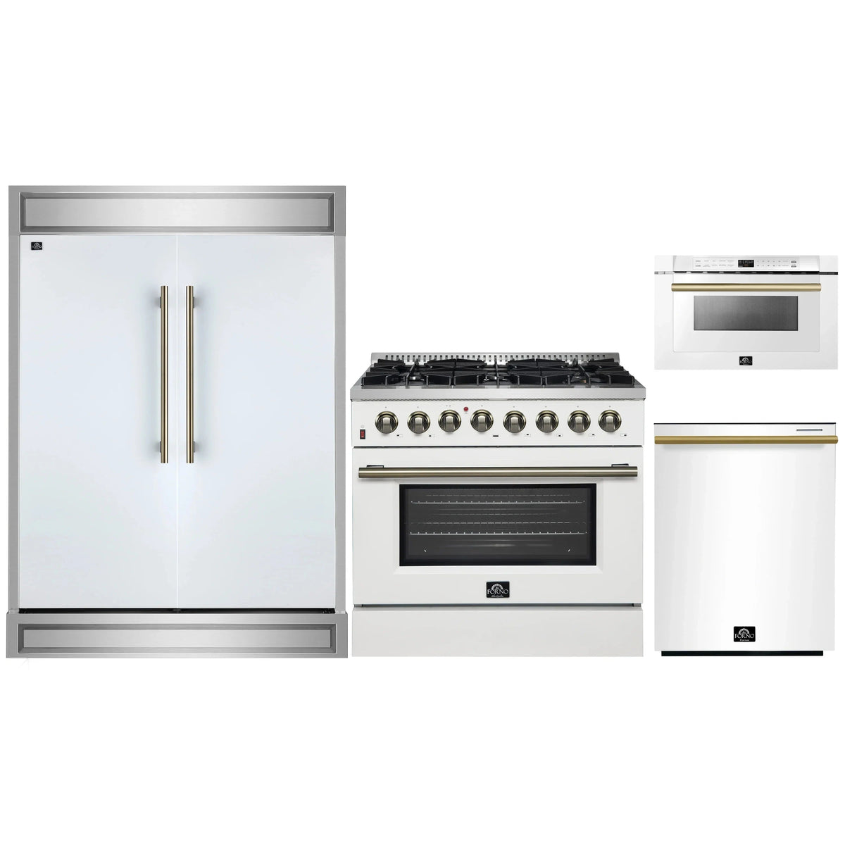 Forno 4-Piece Appliance Package: 36" Galiano Dual Fuel Range, 24" Microwave Drawer, 60" Refrigerator, Dishwasher, White with Antique Brass Trim