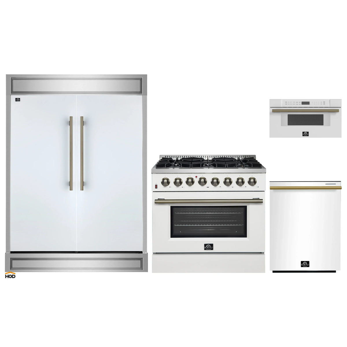 Forno 4-Piece Appliance Package - 36-Inch Dual Fuel Range, 60-Inch Refrigerator, Dishwasher, & 30-Inch Microwave Drawer in White with Antique Brass Trim