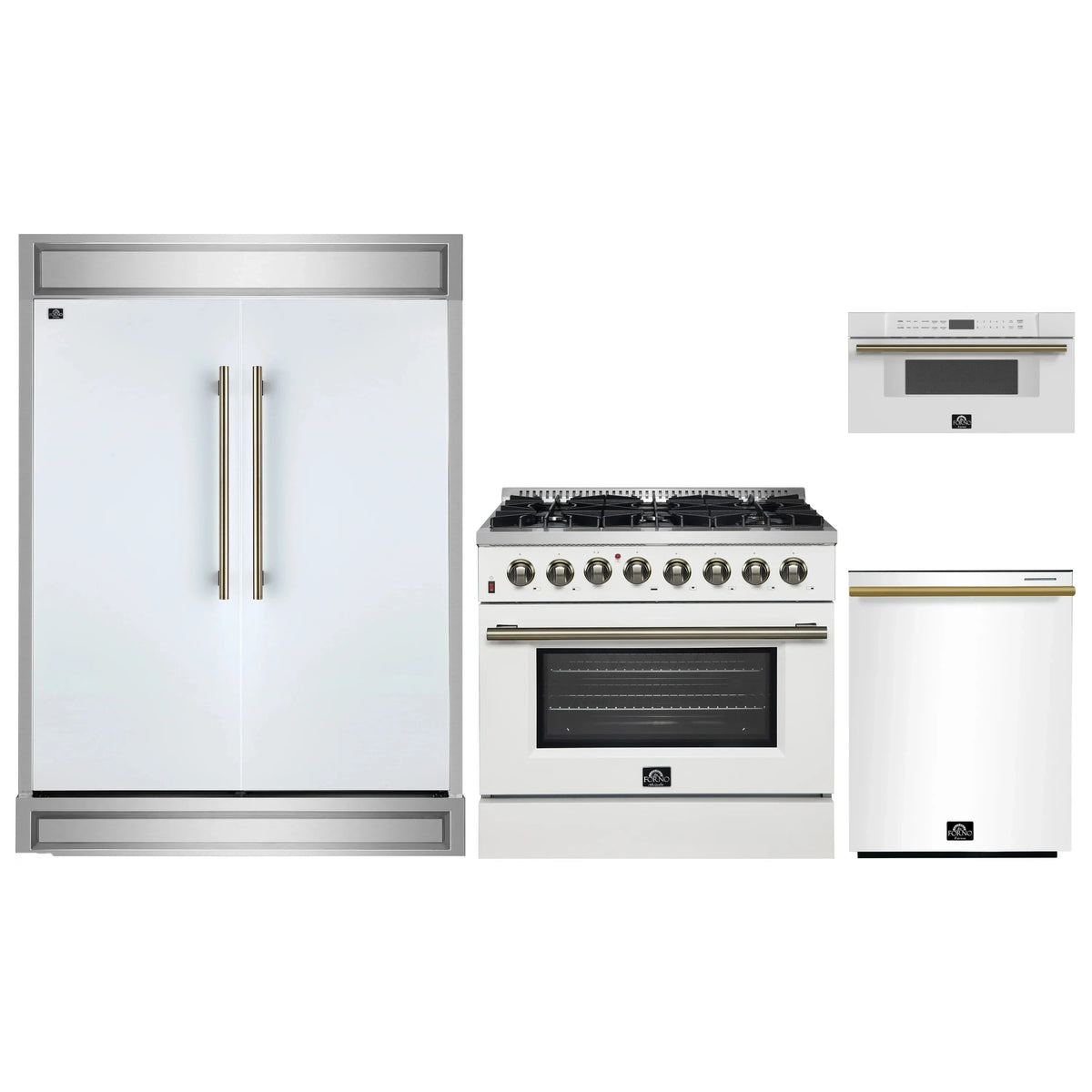 Forno 4-Piece Appliance Package: 36" Galiano Dual Fuel Range, 30" Microwave Drawer, 60" Refrigerator, Dishwasher, White with Antique Brass Trim