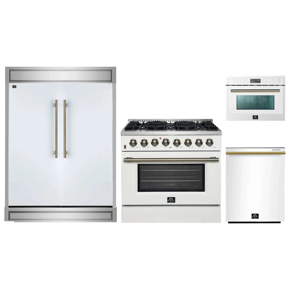 Forno 4-Piece Appliance Package: 36" Galiano Dual Fuel Range, 24" Microwave Oven, 60" Refrigerator, Dishwasher, White with Antique Brass Trim