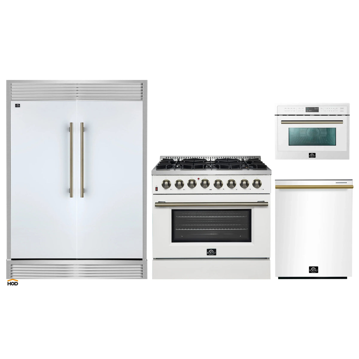 Forno 4-Piece Appliance Package - 36-Inch Galiano Dual Fuel Range, 60-Inch Refrigerator, Dishwasher, & 24-Inch Microwave Oven in White with Antique Brass Trim