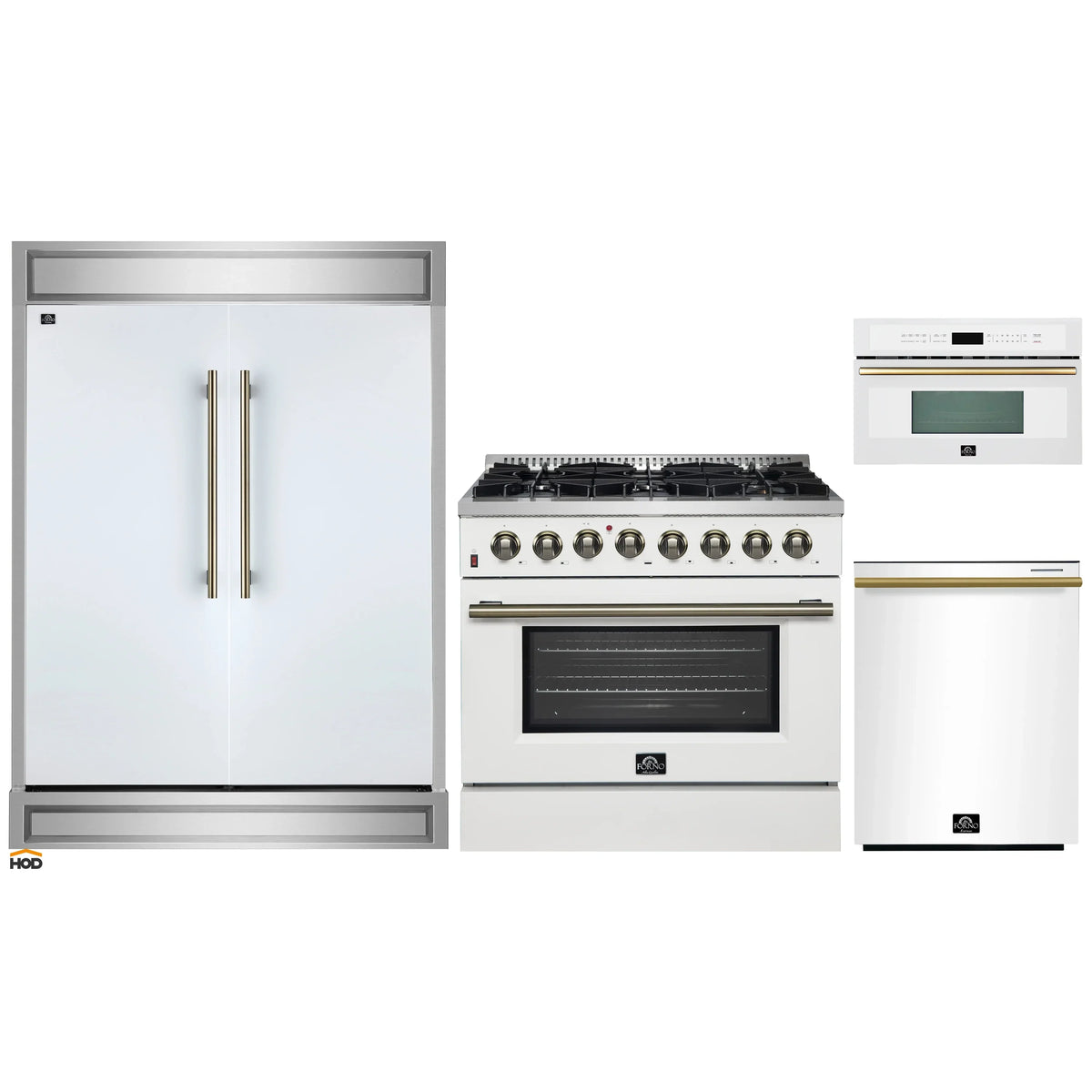 Forno 4-Piece Appliance Package - 36-Inch Dual Fuel Range, 60-Inch Refrigerator, Dishwasher, & 30-Inch Microwave Oven in White with Antique Brass Trim