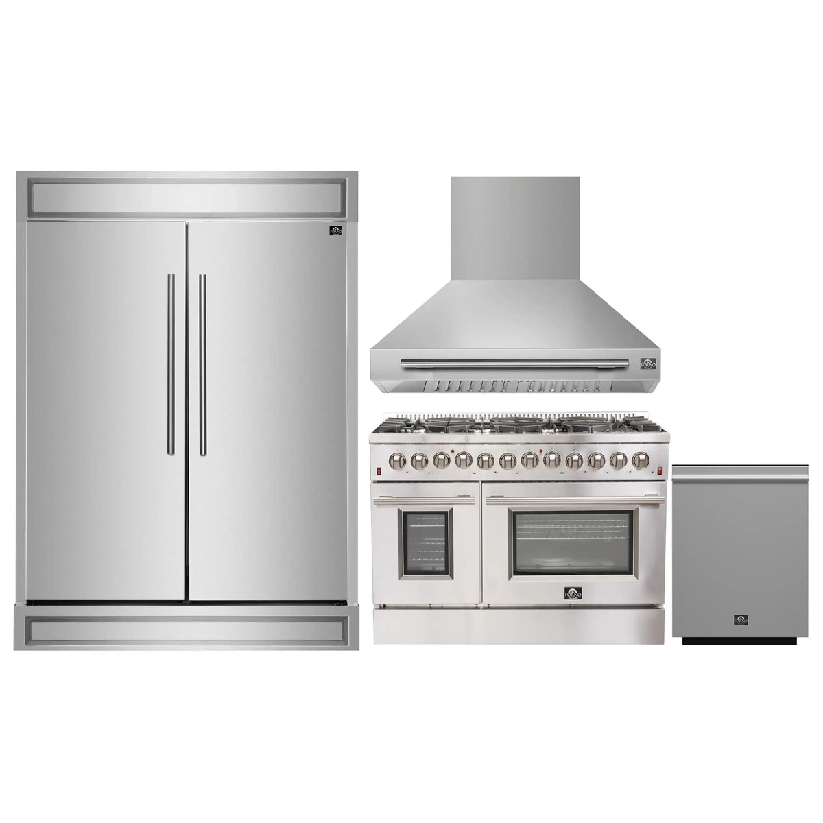 Forno 4-Piece Appliance Package - 48-Inch Dual Fuel Range, Wall Mount Range Hood, 60-Inch Built-In Convertible Refrigerator, and Dishwasher in Stainless Steel