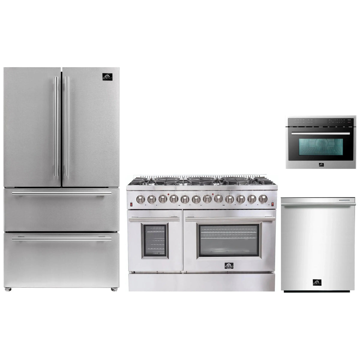 Forno 4-Piece Appliance Package: 48-Inch Dual Fuel Range, 24-Inch Microwave Oven, Refrigerator, 3-Rack Dishwasher, Stainless Steel