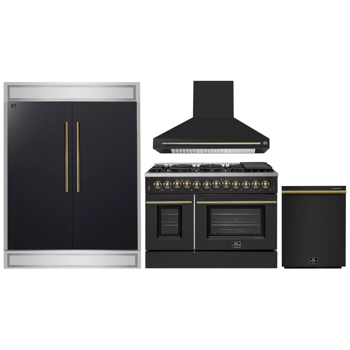 Forno 4-Piece Appliance Package - 48-Inch Dual Fuel Range, Wall Mount Range Hood, 60-Inch Built-In Convertible Refrigerator, and Dishwasher in Black with Antique Brass Trim