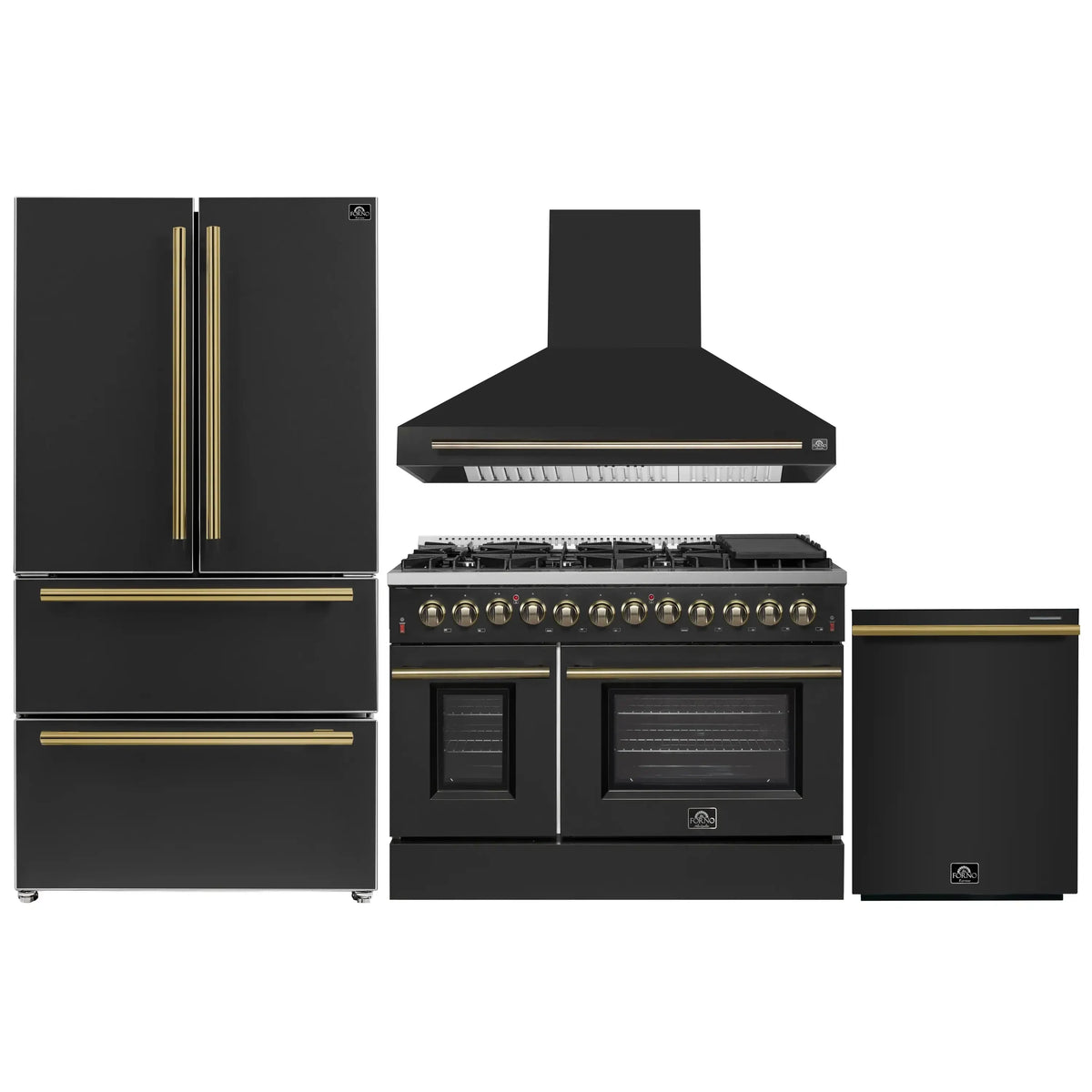 Forno 4-Piece Appliance Package - 48-Inch Dual Fuel Range, Wall Mount Range Hood, 36-Inch French Door Refrigerator, and Dishwasher in Black with Antique Brass Trim