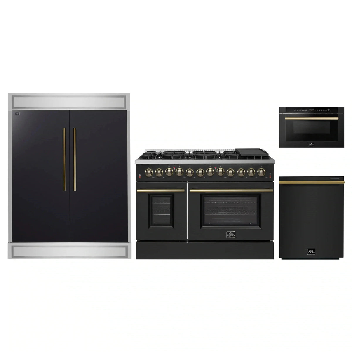 Forno 4-Piece Appliance Package: 48" Galiano Dual Fuel Range, 24" Microwave Drawer, 60" Modern Trim Refrigerator, Dishwasher, Black with Brass Trim