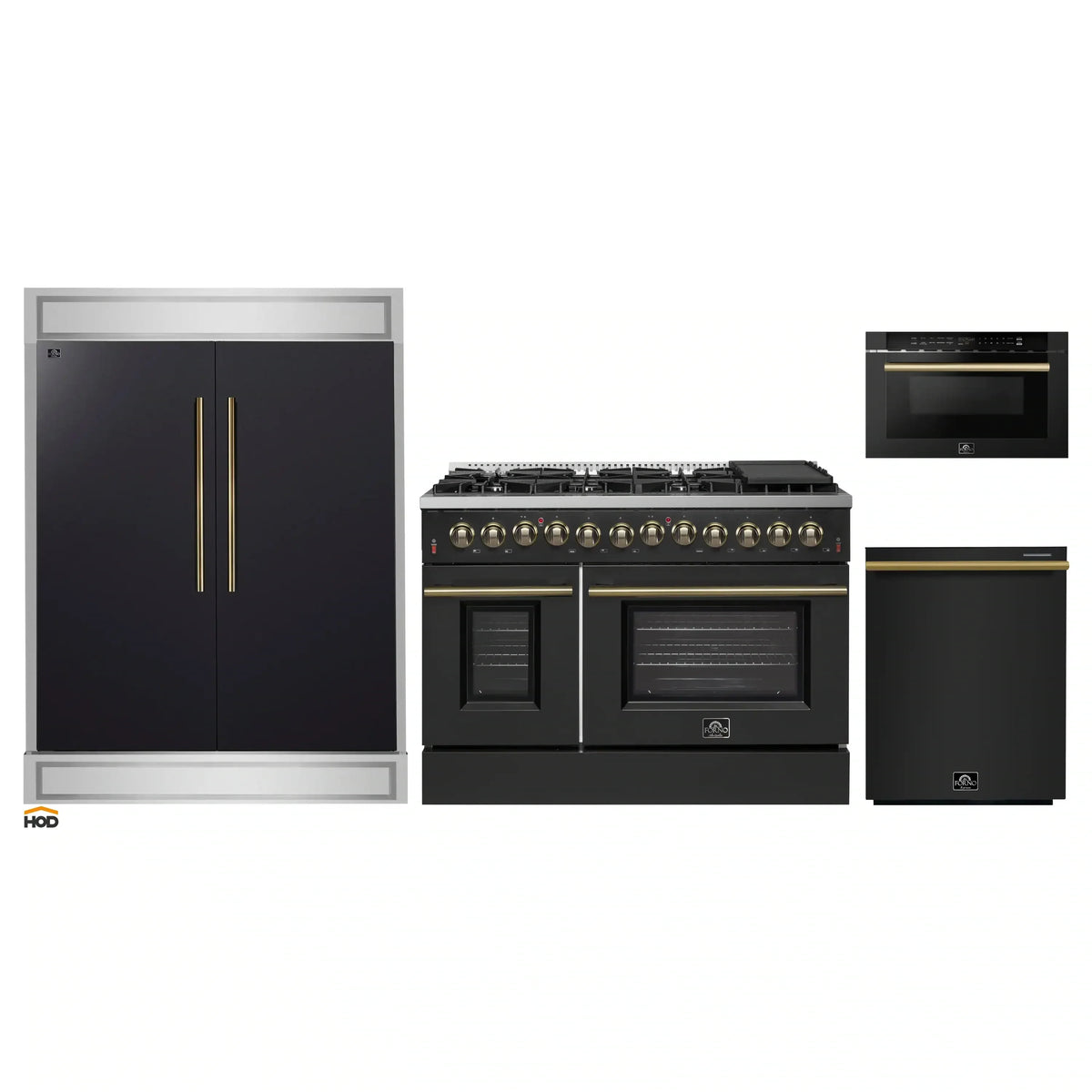 Forno 4-Piece Appliance Package - 48-Inch Dual Fuel Range, 60-Inch Convertible Refrigerator with Modern Trim, Dishwasher, and 24-Inch Microwave Drawer in Black with Antique Brass Trim