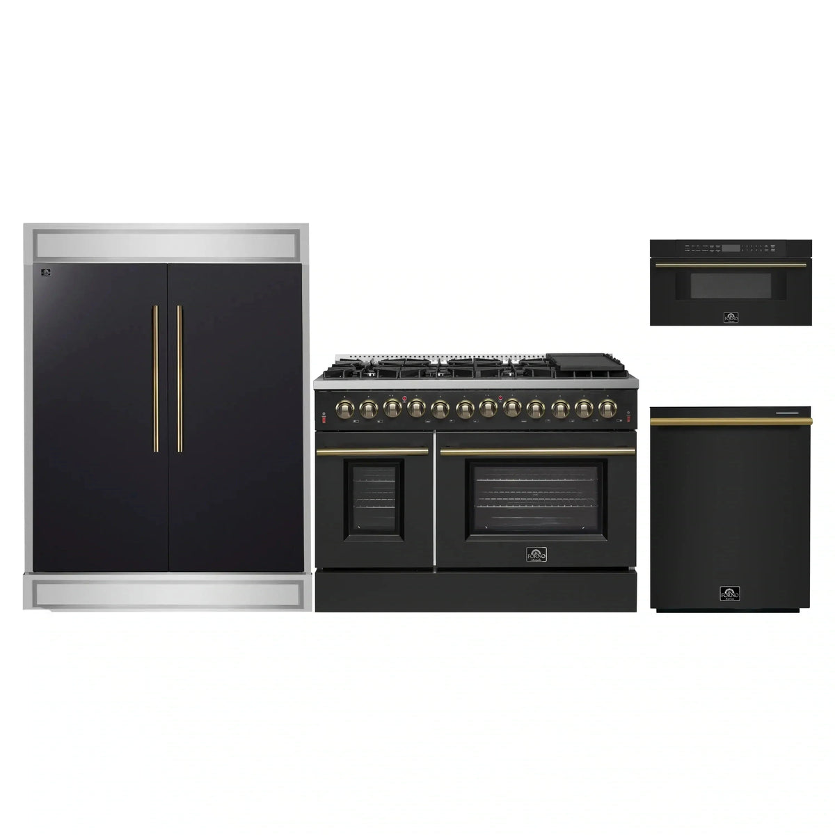 Forno 4-Piece Appliance Package: 48" Galiano Dual Fuel Range, 30" Microwave Drawer, 60" Modern Trim Refrigerator, Dishwasher, Black with Brass Trim