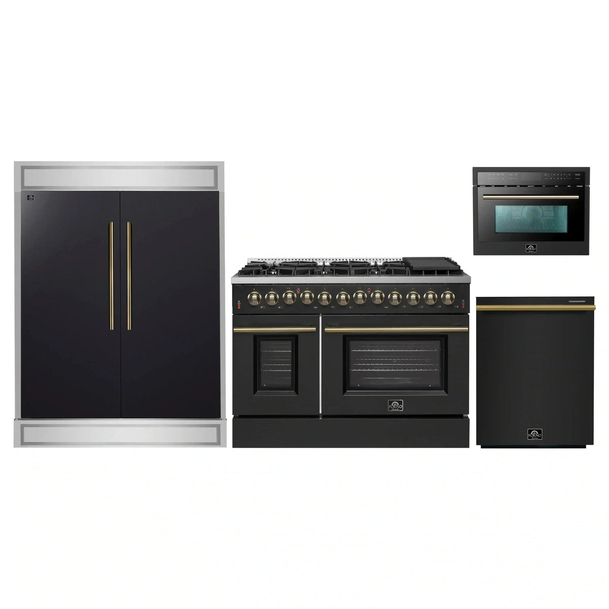 Forno 4-Piece Appliance Package: 48" Galiano Dual Fuel Range, 24" Microwave Oven, 60" Modern Trim Refrigerator, Dishwasher, Black with Brass Trim
