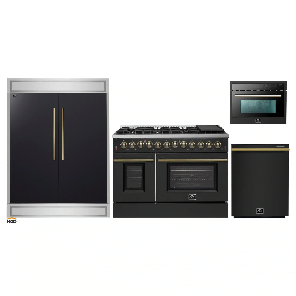 Forno 4-Piece Appliance Package - 48-Inch Dual Fuel Range, 60-Inch Convertible Refrigerator with Modern Trim, Dishwasher, and 24-Inch Microwave Oven in Black with Antique Brass Trim