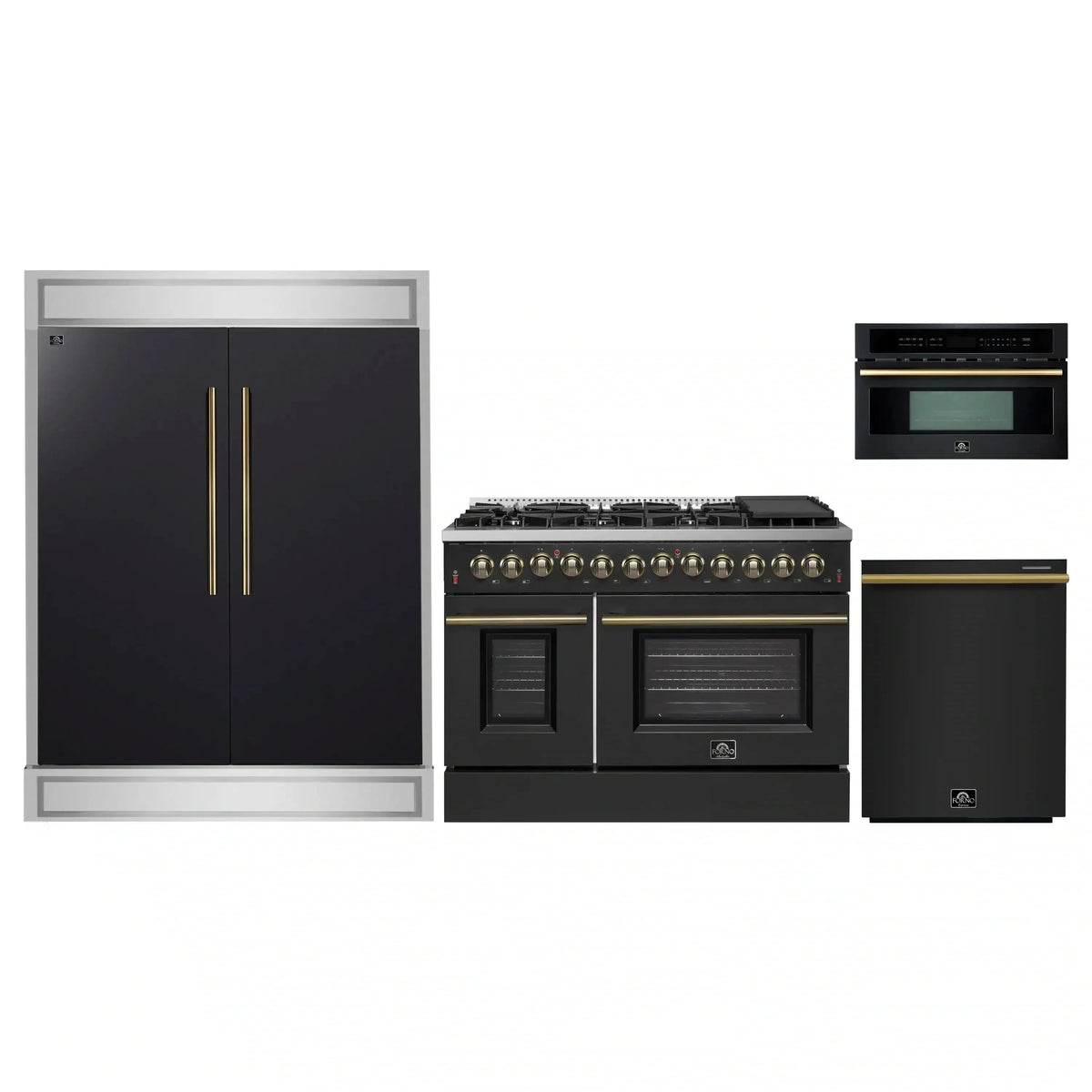 Forno 4-Piece Appliance Package: 48" Galiano Dual Fuel Range, 30" Microwave Oven, 60" Modern Trim Refrigerator, Dishwasher, Black with Brass Trim
