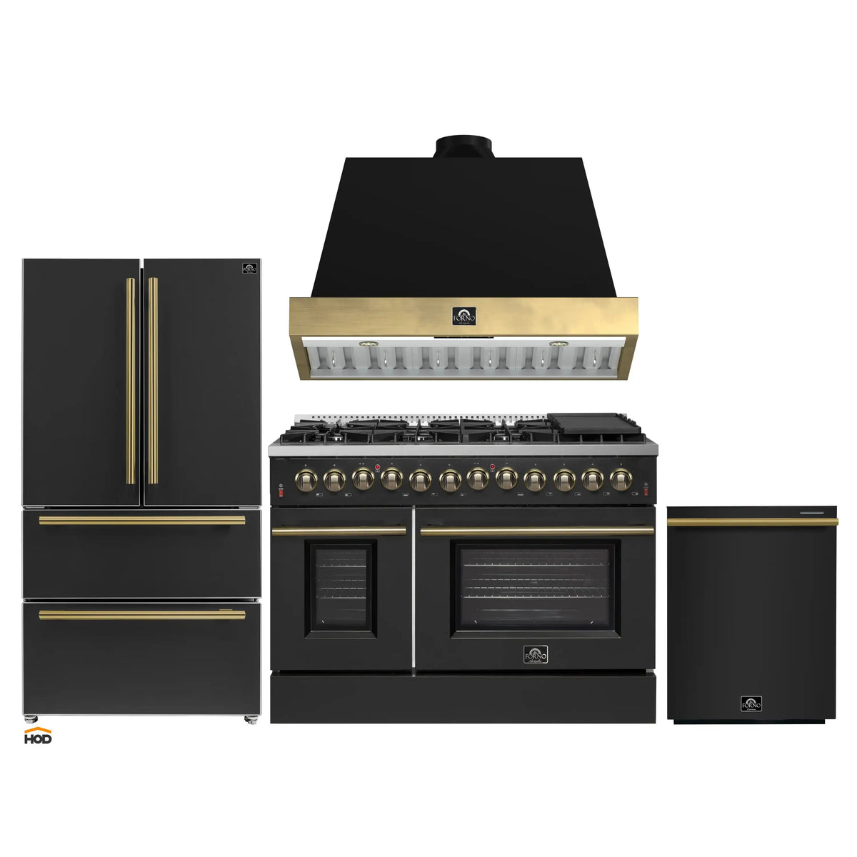 Forno Galiano 4-Piece Appliance Package - 48-Inch Dual Fuel Range, 48-Inch Hood, 36-Inch Refrigerator, & 24-Inch Dishwasher in Black with Antique Brass Trim