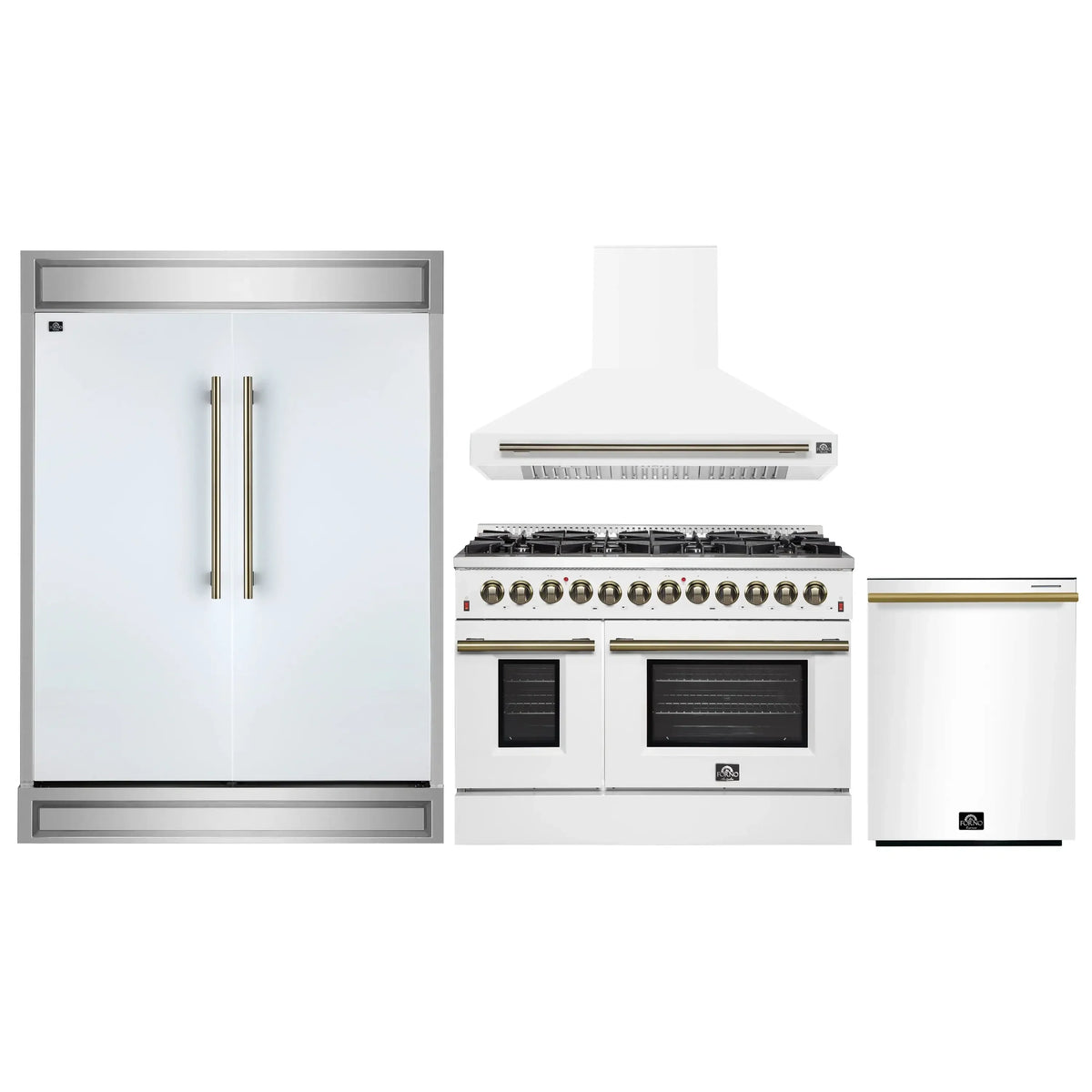 Forno 4-Piece Appliance Package - 48-Inch Dual Fuel Range, Wall Mount Range Hood, 60-Inch Built-In Convertible Refrigerator, and Dishwasher in White with Antique Brass Trim