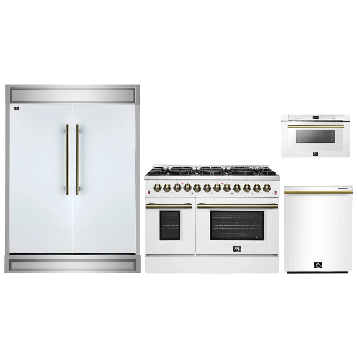 Forno 4-Piece Appliance Package: 48" Galiano Dual Fuel Range, 24" Microwave Drawer, 60" Refrigerator, Dishwasher, White with Antique Brass Trim