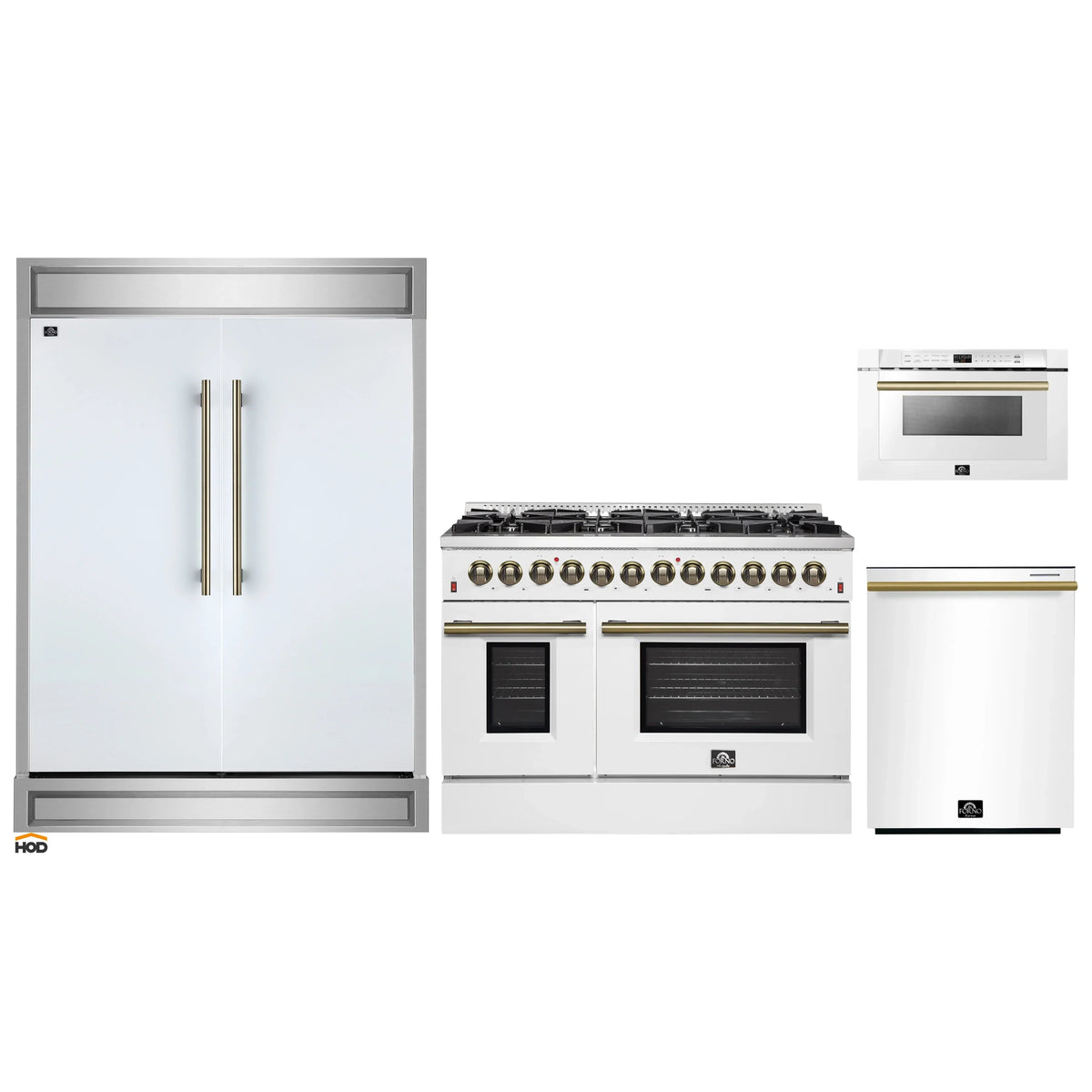Forno 4-Piece Appliance Package - 48-Inch Dual Fuel Range, 60-Inch Refrigerator, Dishwasher, & 24-Inch Microwave Drawer in White with Antique Brass Trim