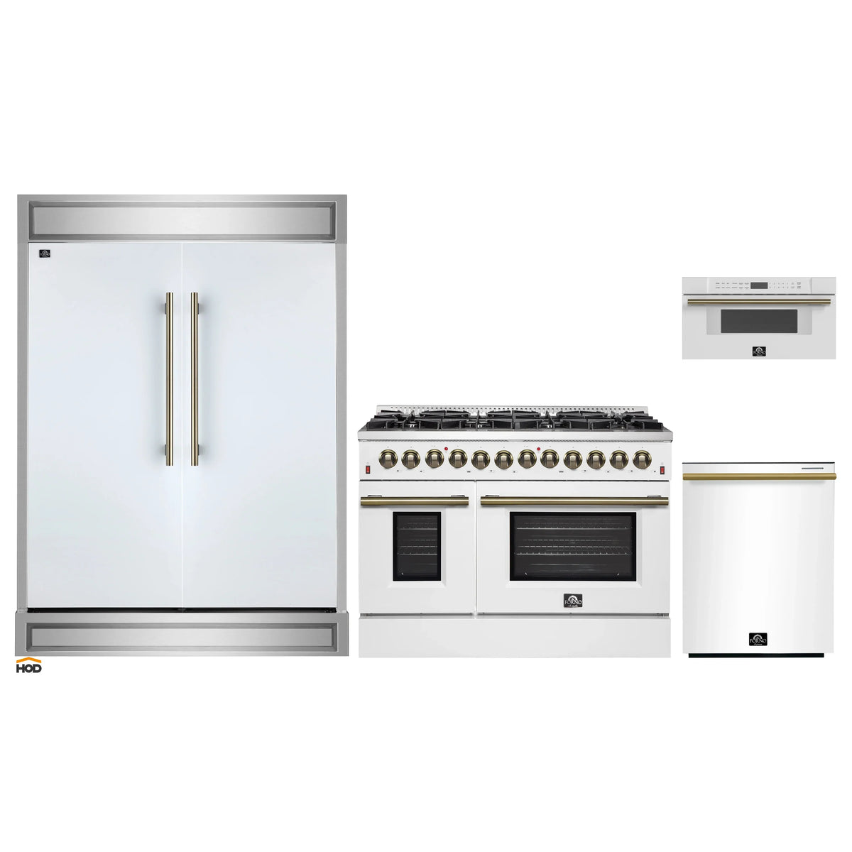Forno 4-Piece Appliance Package - 48-Inch Dual Fuel Range, 60-Inch Refrigerator, Dishwasher, & 30-Inch Microwave Drawer in White with Antique Brass Trim