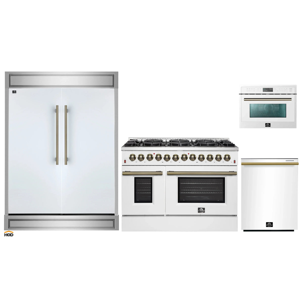 Forno 4-Piece Appliance Package - 48-Inch Dual Fuel Range, 60-Inch Refrigerator, Dishwasher, & 24-Inch Microwave Oven in White with Antique Brass Trim