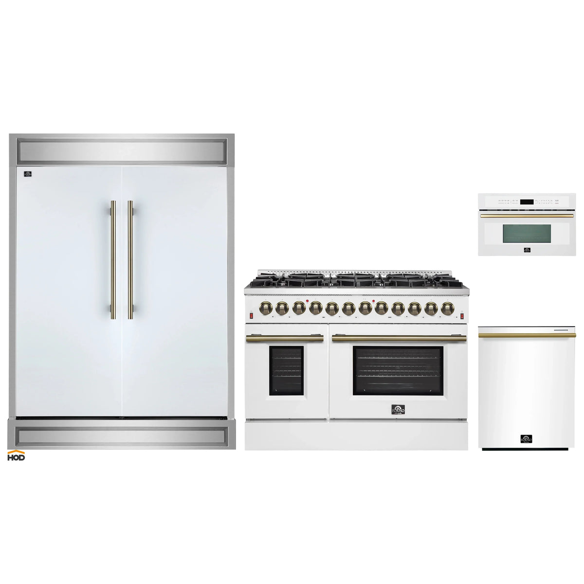 Forno 4-Piece Appliance Package - 48-Inch Dual Fuel Range, 60-Inch Refrigerator, Dishwasher, & 30-Inch Microwave Oven in White with Antique Brass Trim