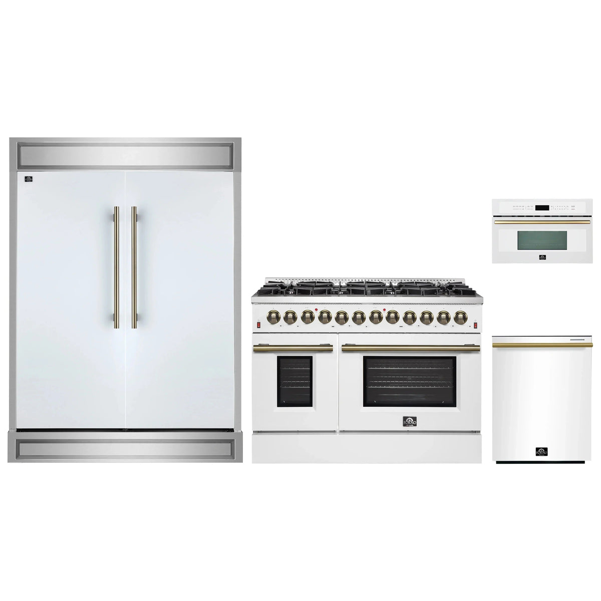 Forno 4-Piece Appliance Package: 48" Galiano Dual Fuel Range, 30" Microwave Oven, 60" Refrigerator, Dishwasher, White with Antique Brass Trim